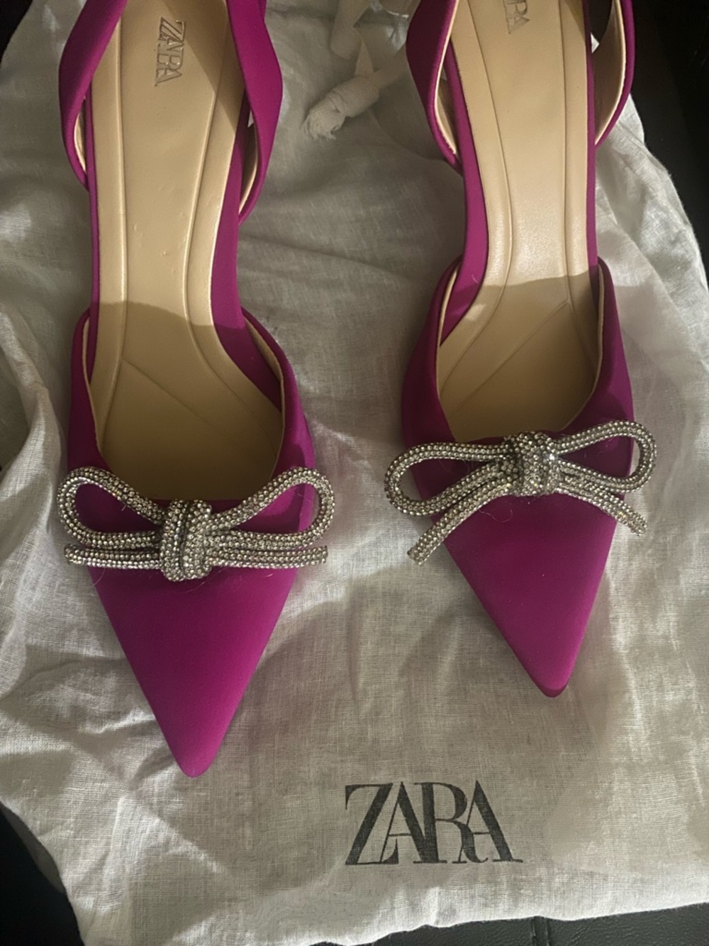 Zara Magenta Pointed Slingback Heels with Rhinestone Bow